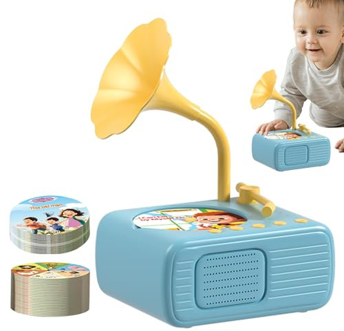 Vinyl Plattenspieler Grammophon-Spielzeug Für Kleinkinder,Spielzeug-Musikplayer Für Kleinkinder | Kindergeschichten-Musikspieler Mit 96 Karten Für Mädchen, Blau(Aufladen An Den USB)