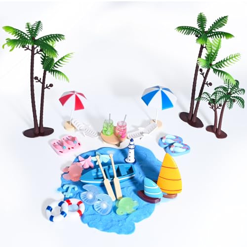 Gullskies 31 Stück Strand Mikrolandschaft,Mini Liegestuhl, Sonnenschirm, Kleine Palme, Schildkröte und Muscheln Deko,Strand Deko Miniatur Set für DIY Zen Garten Dekoration&Puppenhaus Geschenk