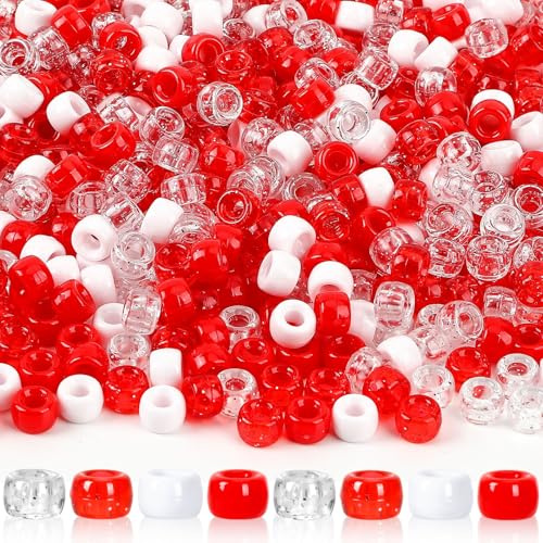 UPINS 1200 Stück weihnachtliche rot-weiße Glitzer-Ponyperlen aus Kunststoff, Großpackung für Halsketten, Armbänder, Ohrringe, Schmuckherstellung, Weihnachtsfeier-Dekoration (4 Farben)