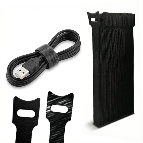 Wiederverwendbare Kabelbinder Klett 50 Stück Schwarz – Kabelmanagement Klettband Kabel Organizer für Schreibtisch, PC- & Ladekabel – Nylon Kabelbänder von PACKIVO