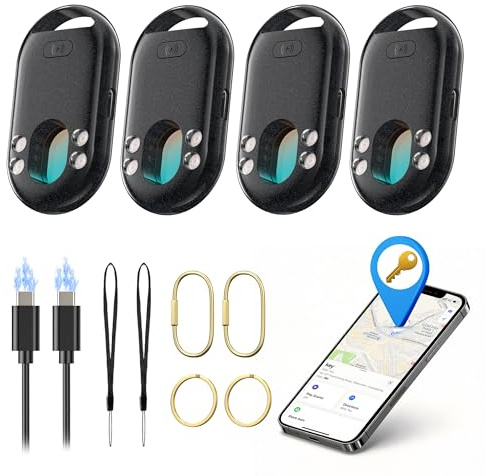 TECKNET Air Tag Tracker 4 Pack, Rechargeable Item Finder for Apple Find My | Find keys, luggage, and pets fast with Apple Find My, 100dB alarm, Type-C charging, IP67 waterproof protection