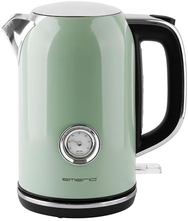 EMERIO Wasserkocher Retro Style | 2200 Watt | 1.7 Liter | Edelstahlgehäuse | Wasserstandsanzeige | Wassertemperaturanzeige | Kalkfilter | automatische Abschaltung | 360° Basis | kabellos | WK-133282