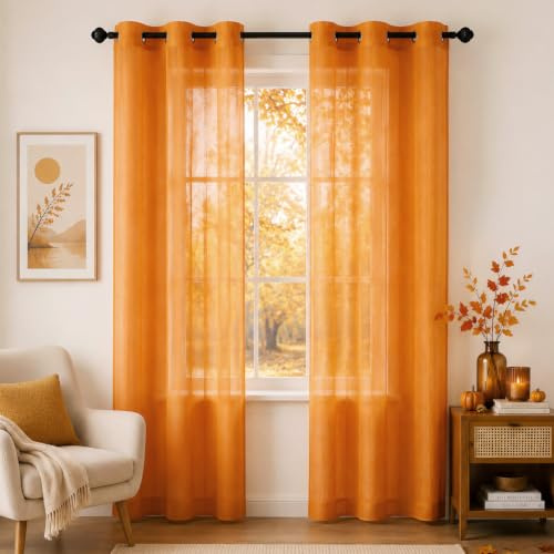 Woaboy Voile Gardinen Vorhänge Ösen 2er Set 140x245cm Orange | Voile Gewebe für Wohnzimmer und Schlafzimmer, transparent, leicht und dekorativ für moderne Fenster.