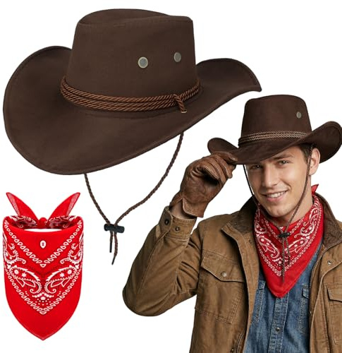 2 pièces Chapeau de Cowboy & Bandana Set, Kit d'accessoires de déguisement de Cowboy Occidental avec Chapeaux de Cowboy et Bandana à Motifs Paisley pour Hommes et Femmes, idéal pour Le