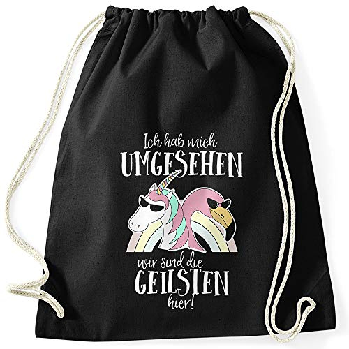 MoonWorks Turnbeutel Ich hab mich umgesehen wir sind die geilsten hier Flamingo Einhorn Regenbogen schwarz unisize