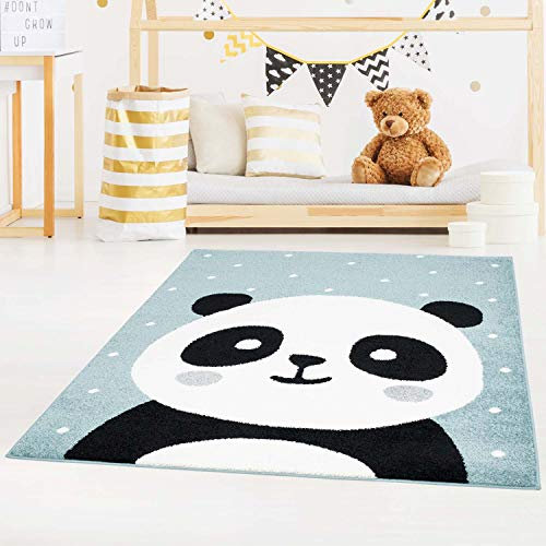 carpet city Kinderzimmer Baby Panda Teppich Blau 160x225 cm Weiße Punkte Flachflor Kinderteppiche
