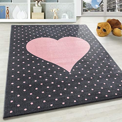 SIMPEX KinderTeppich, Herz-Design, Rosa, 80 x 150 cm, Teppich für Kinder, Läufer