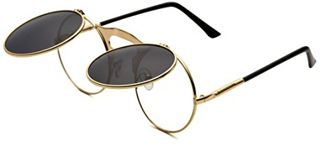 Dollger Runde Steampunk Sonnenbrille Flip up Linse Retro Metall Rahmen Sonnenbrille für Damen Herren Gold Rahmen/Schwarz Linse