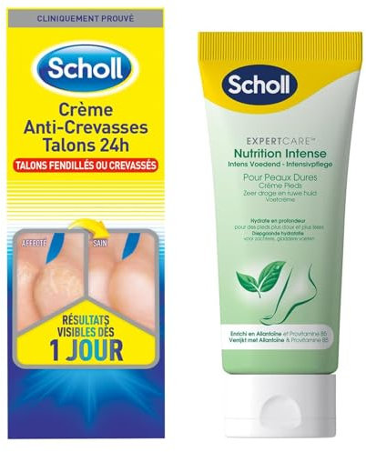 Scholl Crèmes Pieds secs - Crème Anti-Crevasses Talons 60ml - Crème Nutrition Intense 75ml - Lot de 2 Crèmes