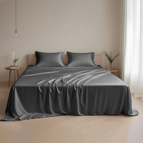 LINENWALAS Bettwäsche-Set für Einzelbett, 100 % Tencel-Lyocell-Seide, 3-teiliges Bettlaken-Set für Einzelbett, tiefe Taschen, weiches, kühlendes Eukalyptus-Bettwäsche-Set (Anthrazit, Einzelbett)