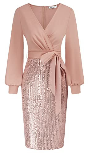 GRACE KARIN Damen Langarm HIPS-Wrapped Kleid V-Ausschnitt Pailletten Abendkleid mit Gürtel XL Hellrosa CL1428A22-02