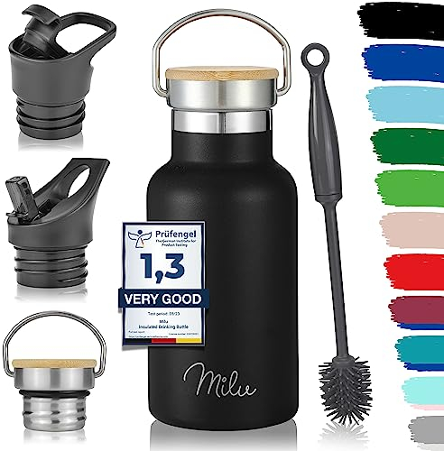 Milu Edelstahl Trinkflasche 350ml 500ml 750ml 1000ml (+3 Deckel) Thermosflasche mit Strohhalm Isolierte Wasserflasche für Kinder, Erwachsene, für unterwegs, auslaufsicher (Schwarz, 350ml)