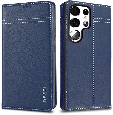 Hülle Echt Leder für Samsung Galaxy S23 Ultra 5G - Premium Echte Lederhülle mit Standfunktion und Kartenfach Flip Case Ledertasche Handyhülle Schutzhülle Klapphülle - Blau