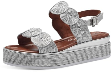 MARCO TOZZI Damen Sandalen mit Keilabsatz mit Verstellbarem Riemen Vegan, Silber (Silber), 39 EU