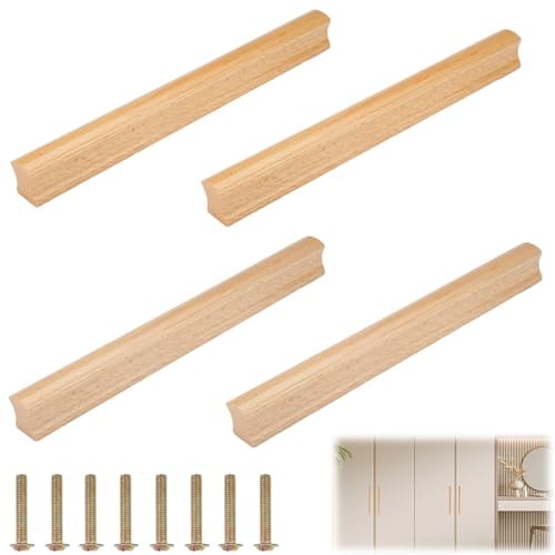 TESSTSY 4 Piezas Tiradores Madera de Muebles,Tiradores para Cajones,Tiradores de Madera Para Armarios de Cocina,Tirador de Madera con Tornillos,para Muebles Puerta Armario Cajón(Hole Distance: 192mm)