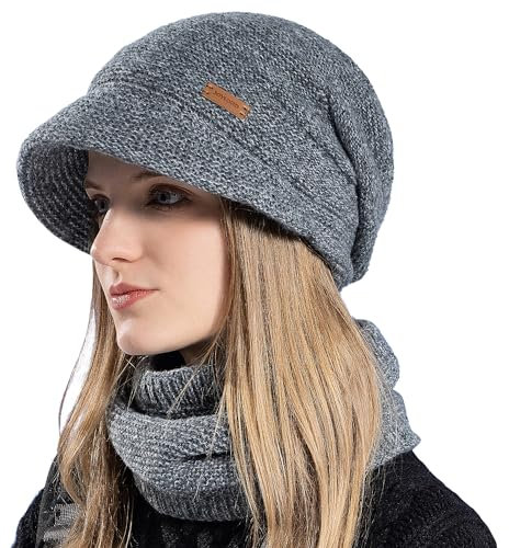 WANYIG Damen Wintermütze Strickmütze mit Schal mit Schal Herbst Damenmützen Winter Schal und Mütze Set mit Visier/Weichem Innenfutter Gefütterte (Dunkelgrau)