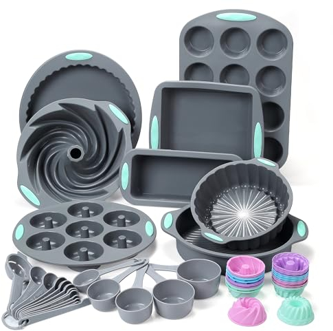 To encounter 49 Pieces Silicone Bakeware Set, Heat Resistant Silicone Baking Pans, Nonstick Silicone Baking Molds for Cake, Bread and Muffin, with Measuring Cups and Spoons Set, Light Grey