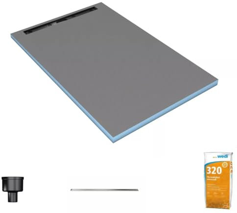 WEDI Receveur de douche à carreler 120 x 100 cm Neo-angle Acrylique écoulement vertical + barrette de finition 70 cm + colle 320 en Acier brossé argenté
