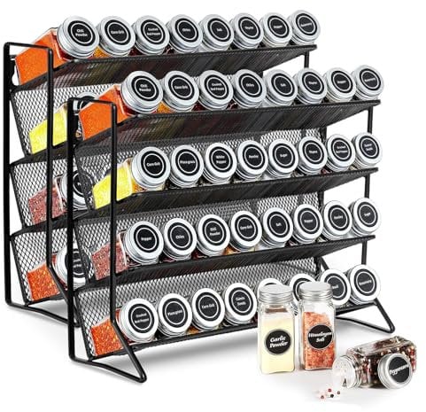 Youyijia 2PC 4-Tier Spice Rack Free standing Metal Kitchen Shelf Free Standing Counter Spice Organiser Metal Seasoning Bottle Organizer for Kitchen Countertop Cupboard Pantry (Black)