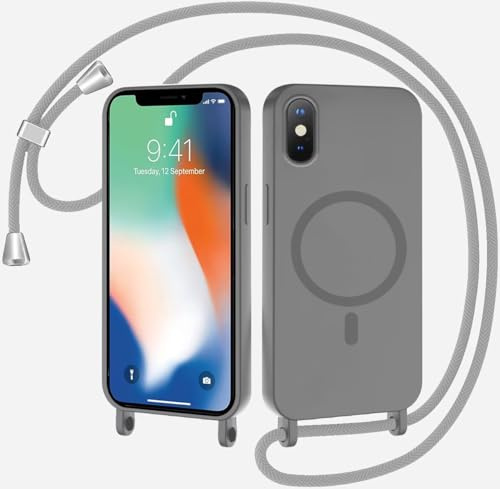TQmchun Magnetische Handykette mit Band für iPhone XS Max,Handyhülle [Kompatibel mit MagSafe],Weich TPU Liquid Silikon Necklace Umhängen Kameraschutz Kette Stossfest Schutzhülle-Grau
