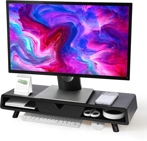 Homerays Soporte para monitor con cajón, exquisito soporte para monitor de computadora para escritorio, elevador ergonómico de madera para computadora, laptop, impresora, TV, bambú, color negro