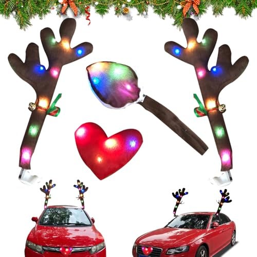 Tronisky Rentier Weihnachtsdeko Auto, Rentier Auto Deko Weihnachten mit Farbe LED Licht, Rentiergeweihe Auto Weihnachtsdeko mit Geweih, Nase und Schwanz, Fahrzeug-Deko-Tool Für Festliche Stimmung