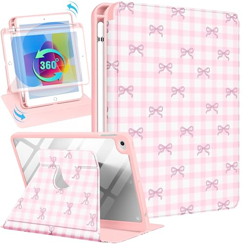 Uppuppy for iPad mini 4 Case for iPad mini 5th Generation Case - 360 Rotating Stand Folio Smart Cover with Pencil Holder for Women Girls, Pink Bow Checkered for Apple Tablet Mini 7.9 inch 2019/2015