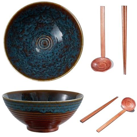 Yuecda 8 Inch Ceramic Ramen Bowl Set of 2, 40oz Japanese Bowls with Spoons & Chopsticks,Durable,Microwave & Dishwasher Safe,Perfect for Ramen,Pho,Salad,Soup,Noodles，Mixing Bowls
