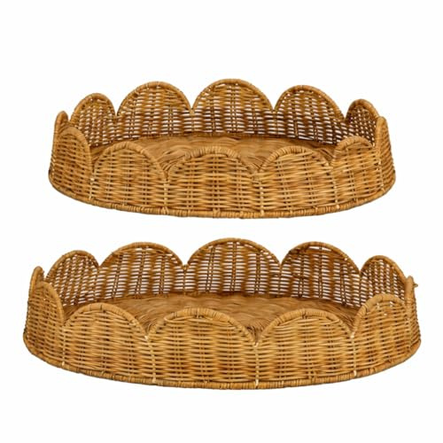 Mica Decorations Eleta Serviertablett Rund – Set von 2 – Deko Tablett für Wohnzimmer – Auch als Kerzentablett, Untersetzer oder Pflanzenuntersetzer geeignet – Rattan, Eisen – Braun