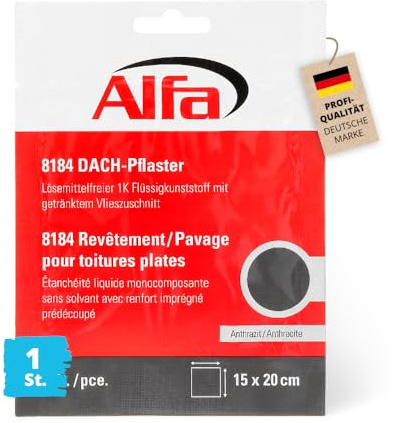 Alfa DACH-Pflaster 15 x 20 cm – 1K Flüssigkunststoff mit Vlieszuschnitt | Profi-Qualität - Inkl. Handschuhe - UV-beständig - Feuchtigkeitsunempfindlich und Geruchsarm - keine Grundierung notwendig