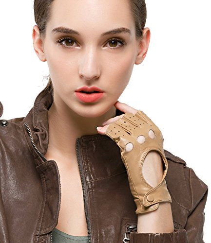 Nappaglo Damen klassisch Halbfinger Lederhandschuhe für fahren Fingerlose Lammfell Fitness Outdoor ungefüttert Handschuhe (XL (Umfang der Handfläche:20.3-21.6cm), Kamelhaarfarbee)
