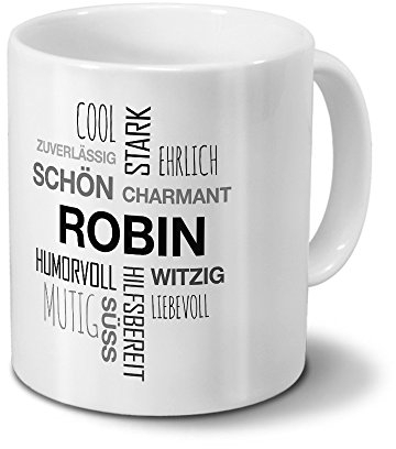 printplanet Tasse mit Namen Robin Positive Eigenschaften Tagcloud - Schwarz - Namenstasse, Kaffeebecher, Mug, Becher, Kaffeetasse