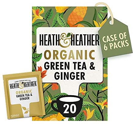 Heath & Heather Organic Green Tea & Ginger Teabags | Individually Wrapped Caffeine-Free Herbal Tea Infusions | 6 Packs of 20, Total 120 Tea Bags