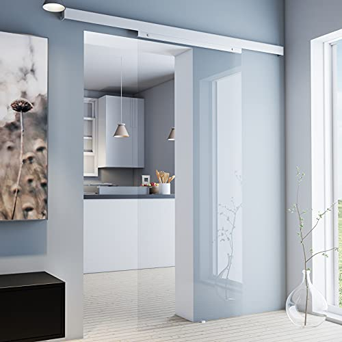 inova Glas-Schiebetür 755 x 2035 mm Klarglas Alu Komplettset mit Lauf-Schiene und Quadratgriff inkl. Softclose