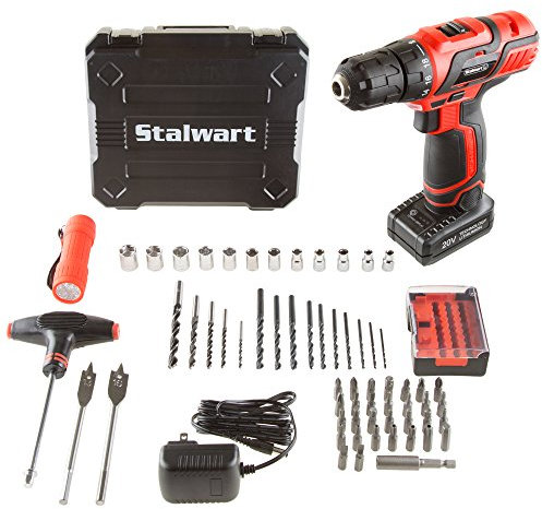 65-Piece Drill Set - Cordless Drill and Accessory Kit with Rechargeable Battery, Flashlight, Drilling Bit Set, Sockets, and More by Stalwart (Red)