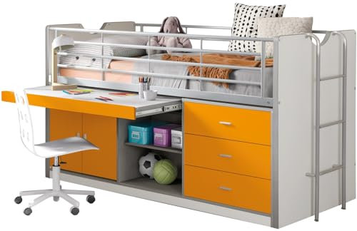 VIPACK Bonny Hochbett, Spielbett, Funktionsbett, Kinderbett, Holzwerkstoff, Farbe 11 weiß orange, 222 x 116 x 98 cm