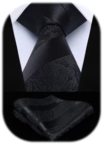 HISDERN Krawatten Herren Schwarz Extra Lange Paisley Krawatte und Einstecktuch Set Elegante Klassisch Hochzeit Seidenkrawatte Taschentuch für Männer