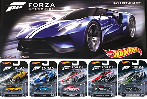Hot Wheels FORZA Motorsport Retro Entertainment Series Box Premium Set - Lamborghini Gallardo / '17 Ford GT / Alfa Romeo Sprint GTA / Ford Falcon / Camaro ZL1 Real Riders