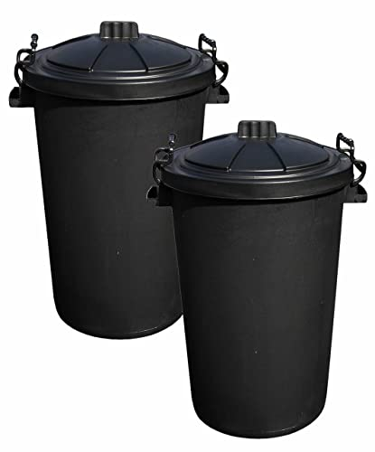 OptiProducts 2 x 80/85L HEAVY DUTY BLACK PLASTIC RUBBISH REFUSE BIN WASTE W/LOCKING LID