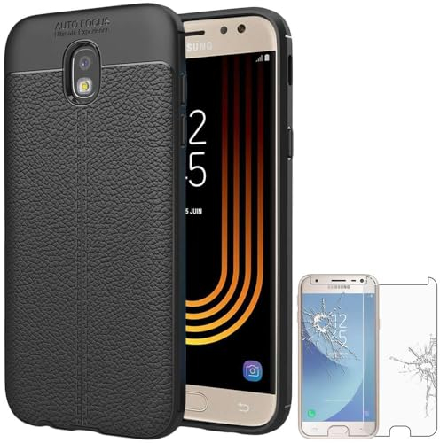 ebestStar - Coque Compatible avec Samsung J3 2017 Galaxy SM-J330F Etui Housse Silicone TPU Souple Anti-Choc Motif Cuir, Noir + Verre Trempé [NB: Lire Description][Appareil: 143.2 x 70.3 x 7.9mm 5.0]