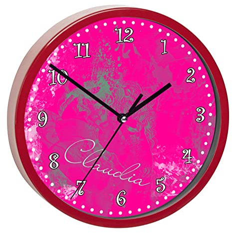 CreaDesign, Wanduhr Kinder personalisiert mit Name, Motiv Traum pink, Rahmen Wanduhr rot, Ø 19,5 cm