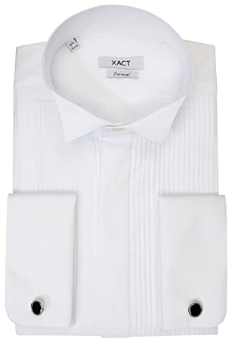 Xact Herren Weißes Smokinghemd Festliches Hochzeitshemd Doppelmanschette Manschettenknöpfe inklusive (White - Wing Collar - Pleated Fly Front) 49