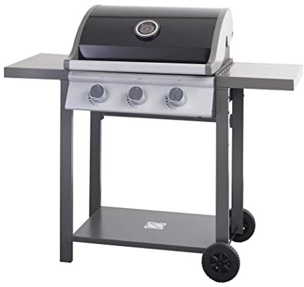 Dangrill Frigg 300 OS Gasgrill (3 leistungsstarke Edelstahlbrenner 3,3kW / Stück, Kochbereich: 60x 41,5 cm, 3-facher Brennerschutz in Aluminium, 2 Seitenablagen) Schwarz