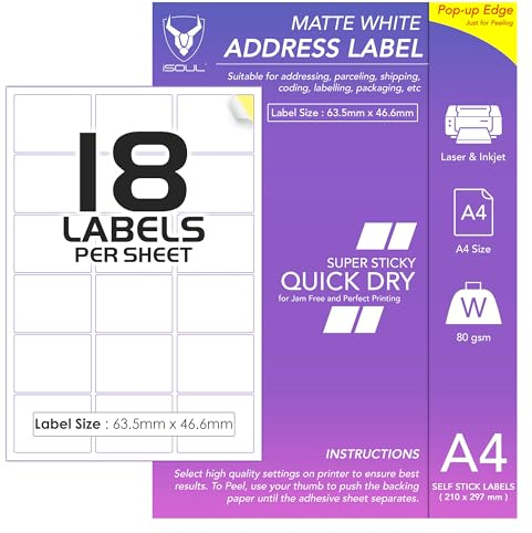18 Etiketten pro A4-Blatt, 50 Blatt 900 Klebeetiketten, bedruckbares Aufkleberpapier, iSOUL matt, selbstklebend, Adressversand, Versand, Porto, Laser- und Tintenstrahldrucker kompatibel [Quickdry]
