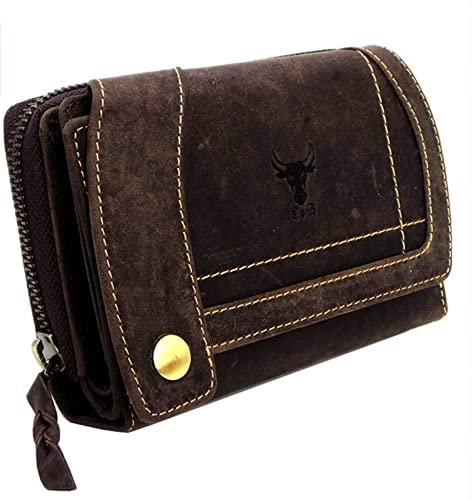 RFID Büffelleder Damen Geldbörse XL Echt Leder Portemonnaie Frauen Portmonee Art.Nr. 2-679 (Dunkelbraun)