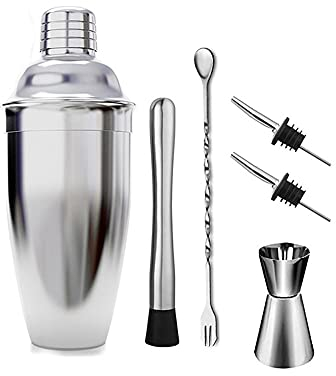 ANSIEDIO Shaker Cocktail, 6 Pièces Professionnel Shaker à Cocktail Kit avec 750ml Inox Cocktail Shaker, Tasse à Mesurer, Double Jigger, Cuillère à Mélanger, Bar Muddler