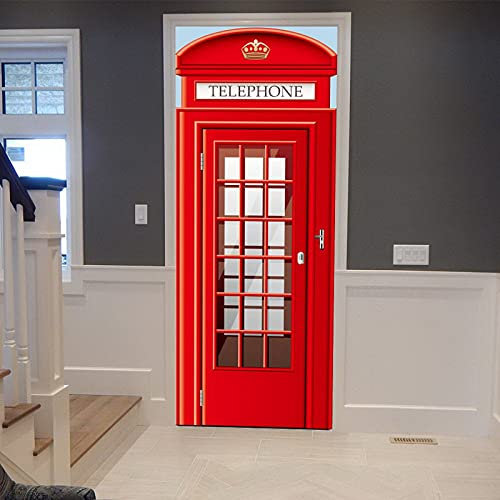 A.Monamour Türtapete Selbstklebend Türfolie Türposter 3D Uk Straße Rote Telefonzelle London Rote Telefonzelle Vinyl Folie Türdeko Tapete Wandbild Türaufkleber Türtattoo 77 x 200 cm