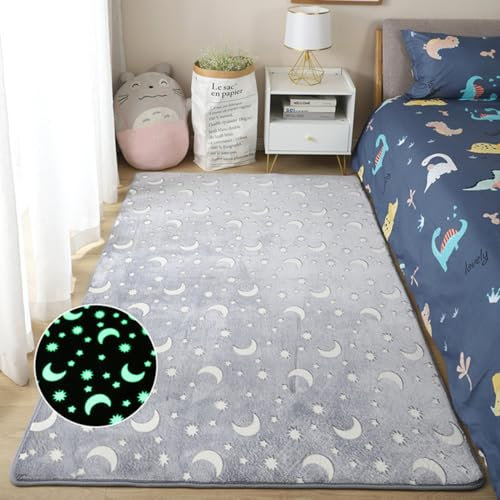 Dicker Teppich für Wohnzimmer Leuchtender Plüsch Area Rug Kinder Bettzimmer Flauschige Bodenteppiche Nacht Wohnkultur Teppiche Sofa Samtmatte Glow in The Dark Fußmatten (Grauer Mond,140×200 cm)