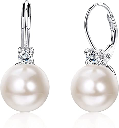 Milacolato 925 Sterling Silber Perlenohrringe für Damen 18Karat Weißgold Überzogene Perlen Ohrringe mit Zirkonia Perlenohrringe Leverback Baumeln Ohrstecker Große Perlenohrringe Mit Geschenkbox Silber