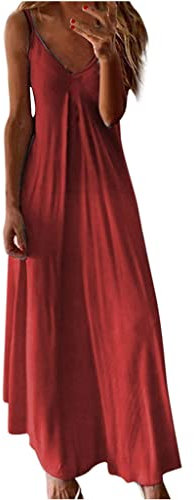 Doublehero Robe Casual Femme Robe Plage Femme Enceinte Champêtre Fines Bretelles Robe Longue Fluide Bretelles Dos Nu Plissé Plage Ample decontractée ete sans Manches Decollete Plongeant V r214078